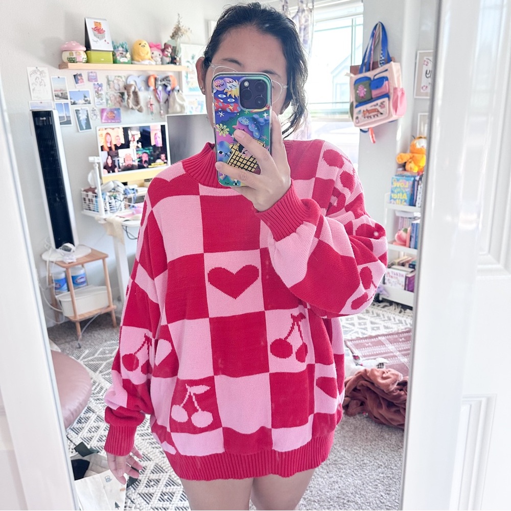 Sunbean Oversized Knitted Heart Cherry Sweater Red L/XL